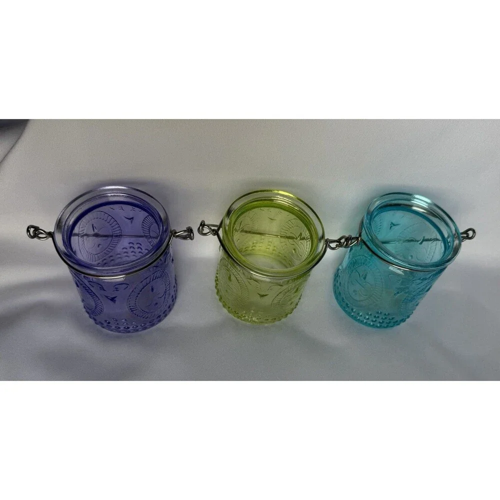 Yankee Candle French Glass 3 Piece Tea light Votive Holders Purple Blue Green